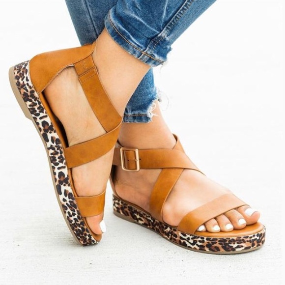 Shoes - Cognac Leopard Sole Faux Leather Sandals